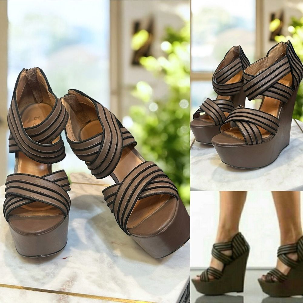 L.A.M.B. Y2K 90s Bernadette Leather Sandals Wedges Heels Size 7.5
